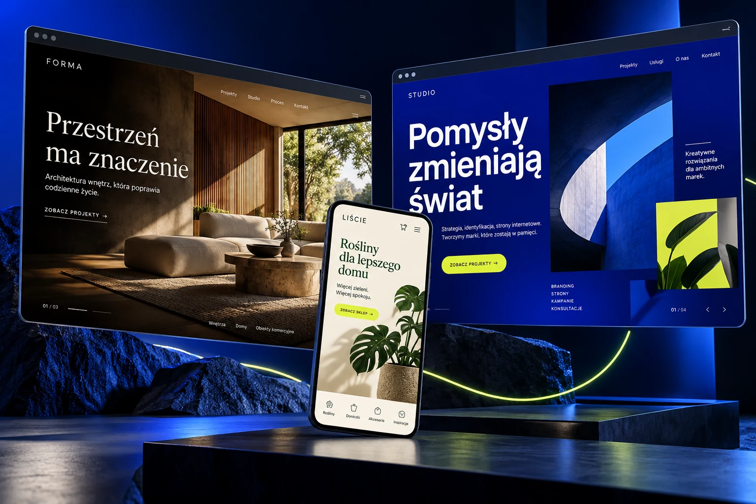 Koncepcje nowoczesnych stron internetowych w oknach przeglądarki i na telefonie