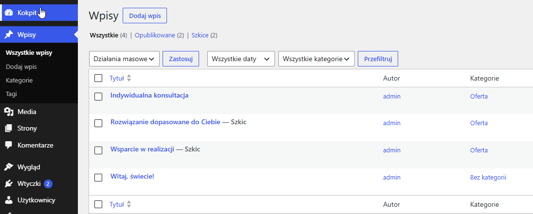 Lista wpisów WordPressa z kategorią Oferta