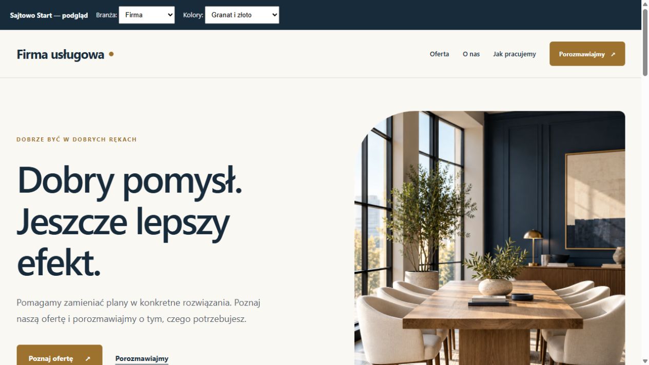 Wizualizacja przykładowej strony firmy usługowej w motywie Sajtowo Start
