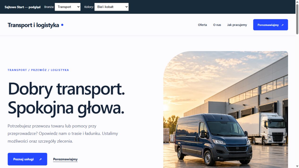Wizualizacja przykładowej strony transportowej w motywie Sajtowo Start